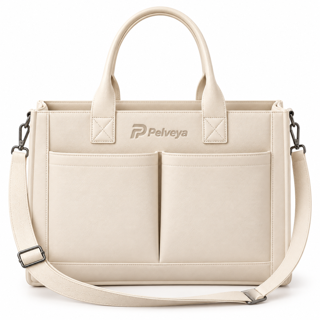 Pelveya Women’s Cream Textured Tote Bag with Front Pockets
