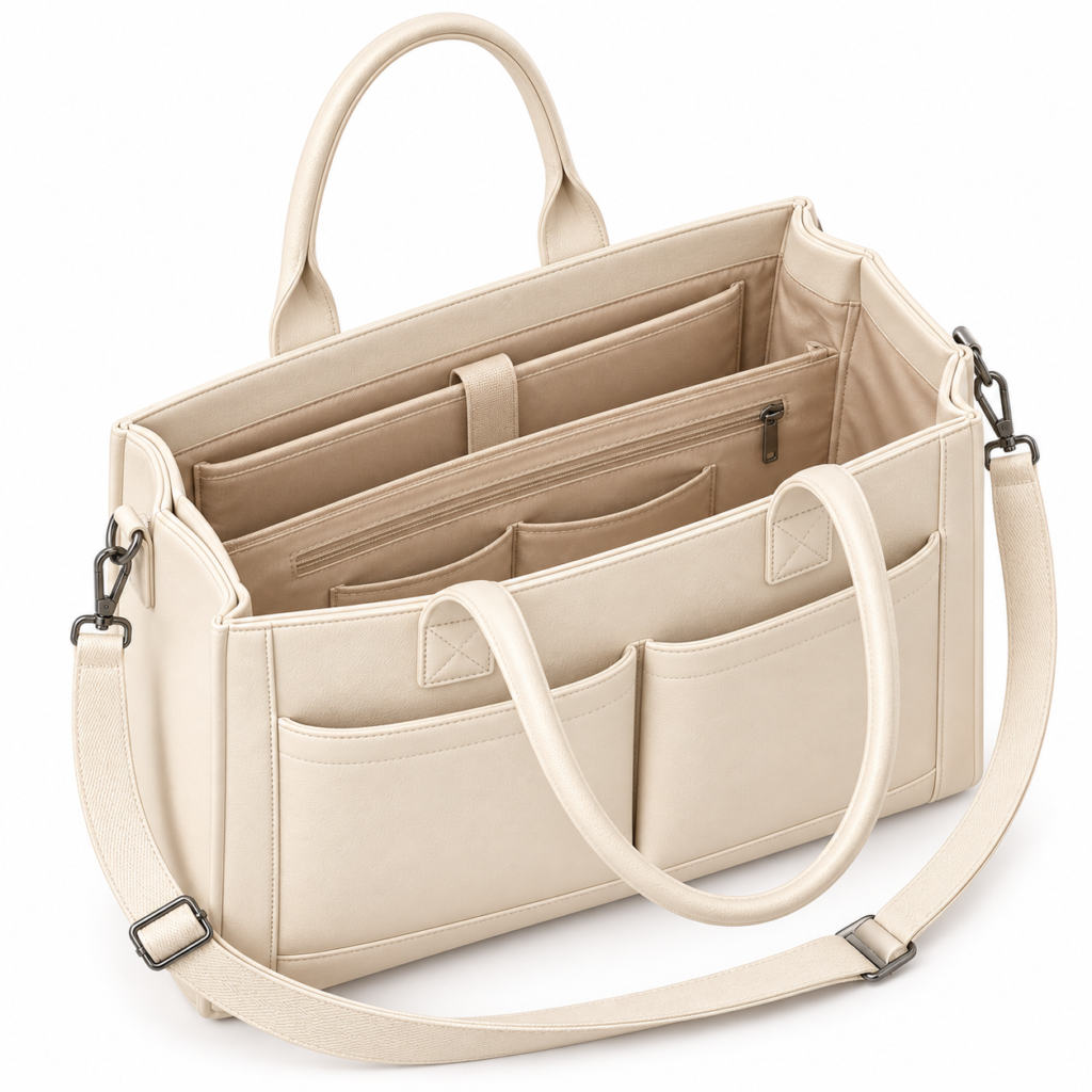 Pelveya Women’s Cream Textured Tote Bag with Front Pockets